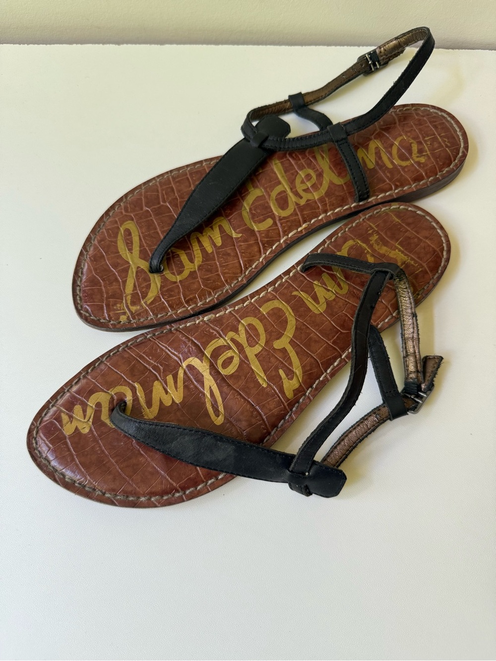 Sam Edelman Black Leather T-Strap Sandals with Brown Footbed